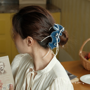 复古头绳头饰 蝴蝶结花边毛线大肠发圈发饰女丸子头法式 蓝风铃
