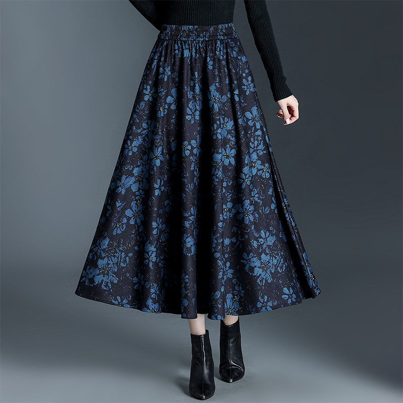 印花毛呢半身裙大摆裙女秋冬2025新款松紧腰宽松a字裙气质长裙子