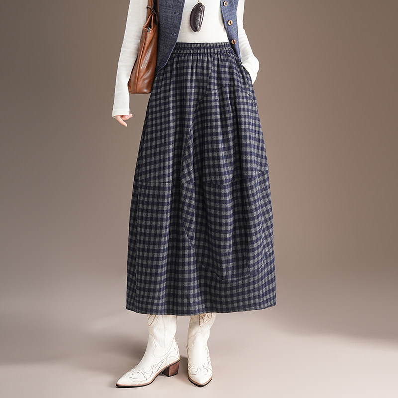 松紧腰格纹毛呢半身裙女2025秋冬新款垂感宽松a字花苞裙休闲长裙