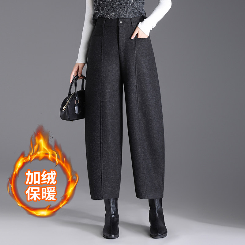 秋冬季加绒羊毛呢九分裤女2025新款宽松直筒哈伦裤小个子休闲靴裤