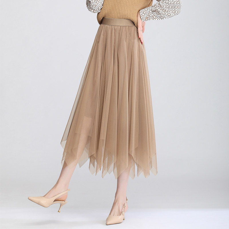 不规则纱裙半身裙女中长款2023春秋新款高腰百褶裙a字裙仙女裙子