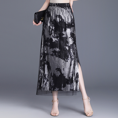 水墨印花纱裙半身裙一步裙中长裙