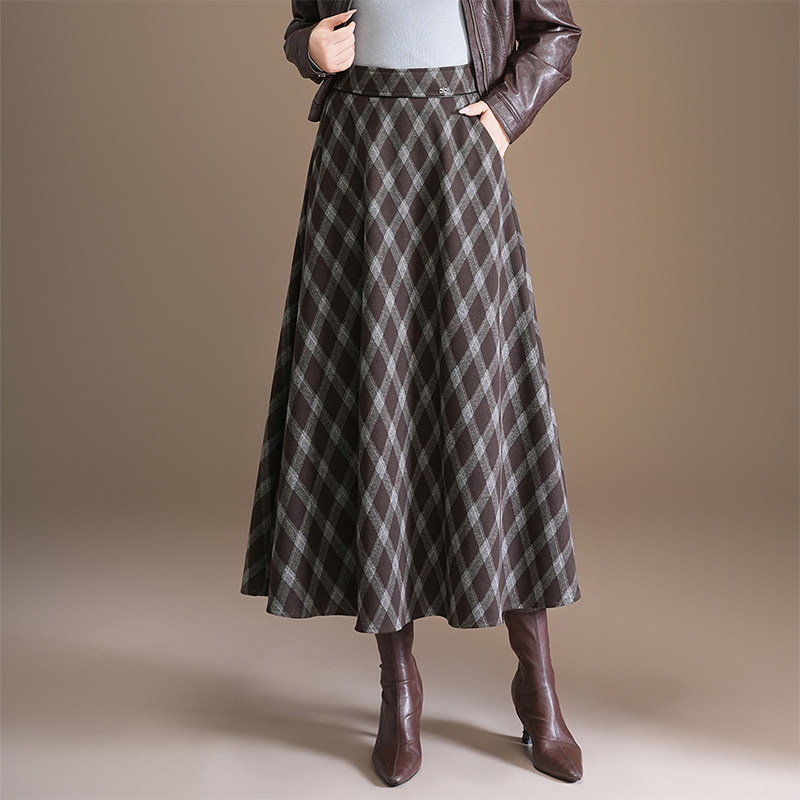 2025秋冬新款高腰格子半身裙a字裙女垂感遮胯宽松长裙休闲裙伞裙