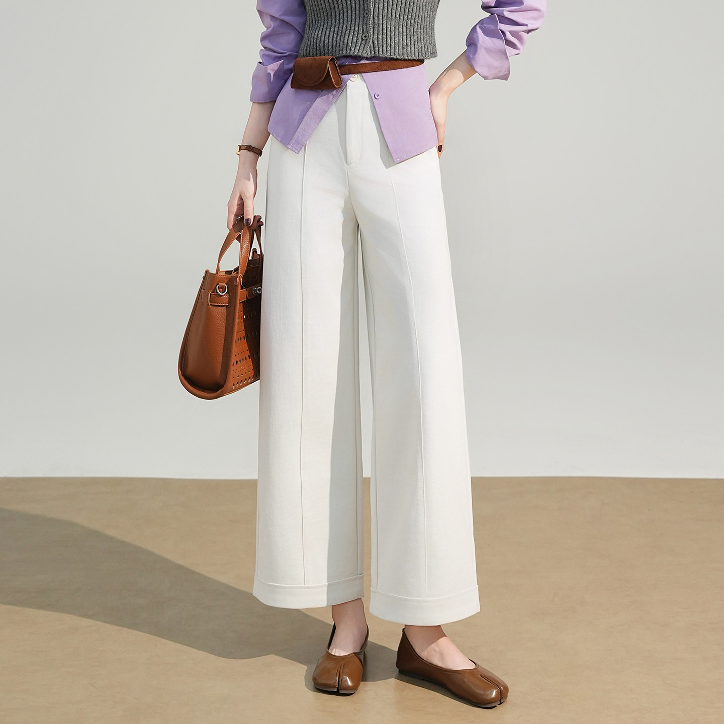 时尚通勤米白色九分阔腿裤女春季2026新款高腰宽松显瘦休闲西装裤