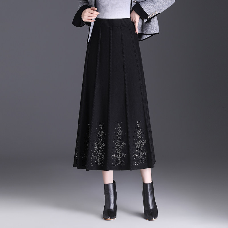 烫钻针织百褶裙女2025秋冬新款垂感半身裙高腰显瘦中长款A字裙子