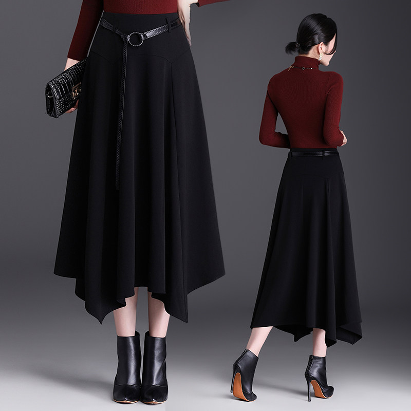 黑色不规则半身裙女A字裙2025秋季新款高腰中长款休闲裙大摆裙子