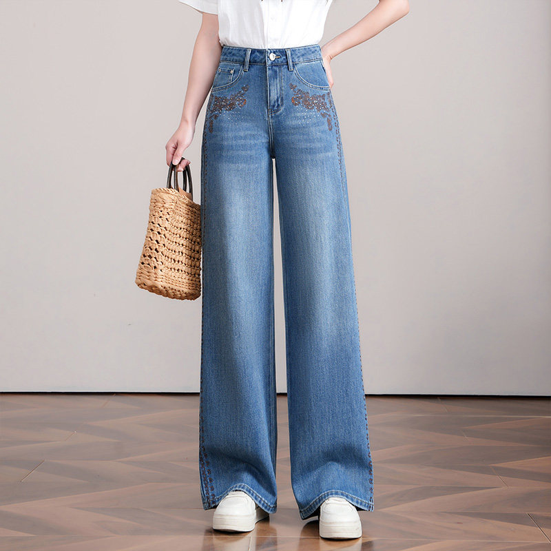 2026春夏新款阔腿牛仔裤女高腰宽松显瘦刺绣花长裤时尚休闲直筒裤