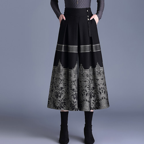 新中式国风毛呢提花裙裤阔腿裤