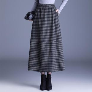韩系毛呢格子半身裙女秋冬厚款松紧腰梨形身材宽松花苞裙a字长裙