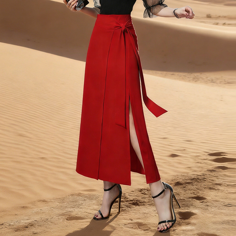红色开叉一片式系带裹裙半身裙女春夏2026新款高腰显瘦a字裙长裙