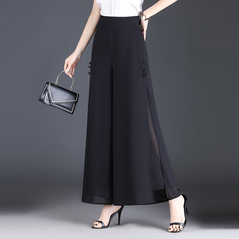 2023夏季新款复古双层开叉雪纺裤高腰盘扣阔腿裤坠感宽松薄款裙裤