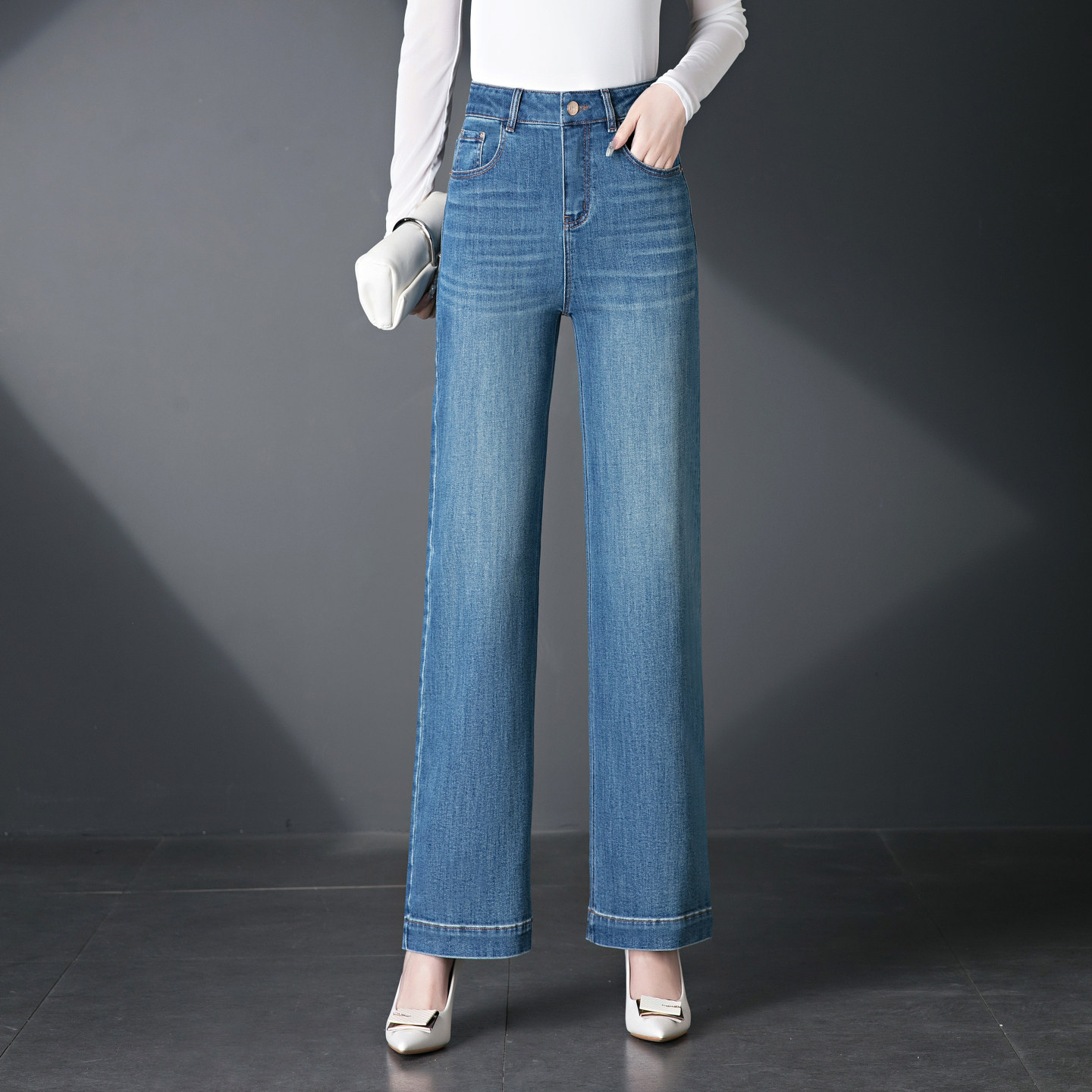 高级优雅高腰阔腿牛仔裤女2026春夏新款宽松直筒显瘦百搭长裤蓝色