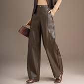 咖色PU皮阔腿裤 子 百搭潮通勤长裤 女2025秋冬新款 高腰宽松休闲皮裤