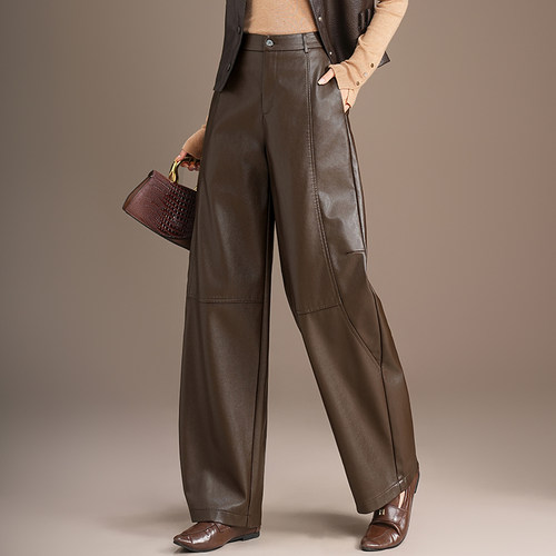 咖色PU皮阔腿裤宽松休闲皮裤百搭