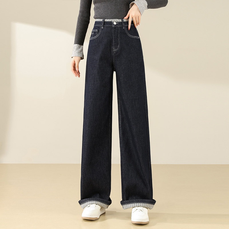 丹宁蓝直筒牛仔裤女2025秋季新款高腰显瘦通勤长裤窄版阔腿休闲裤
