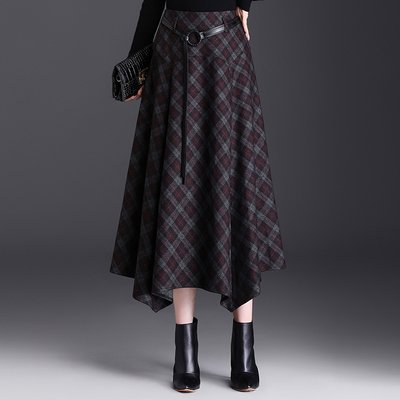 格子裙不规则毛呢格纹半身裙