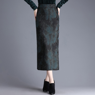 双开叉旗袍裙半身裙女春秋新款复古高腰印花包臀裙中长一步裙
