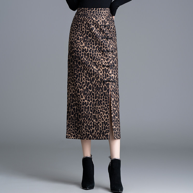 豹纹包臀裙时尚半身裙高腰开叉一步裙女秋冬2025新款气质中长裙