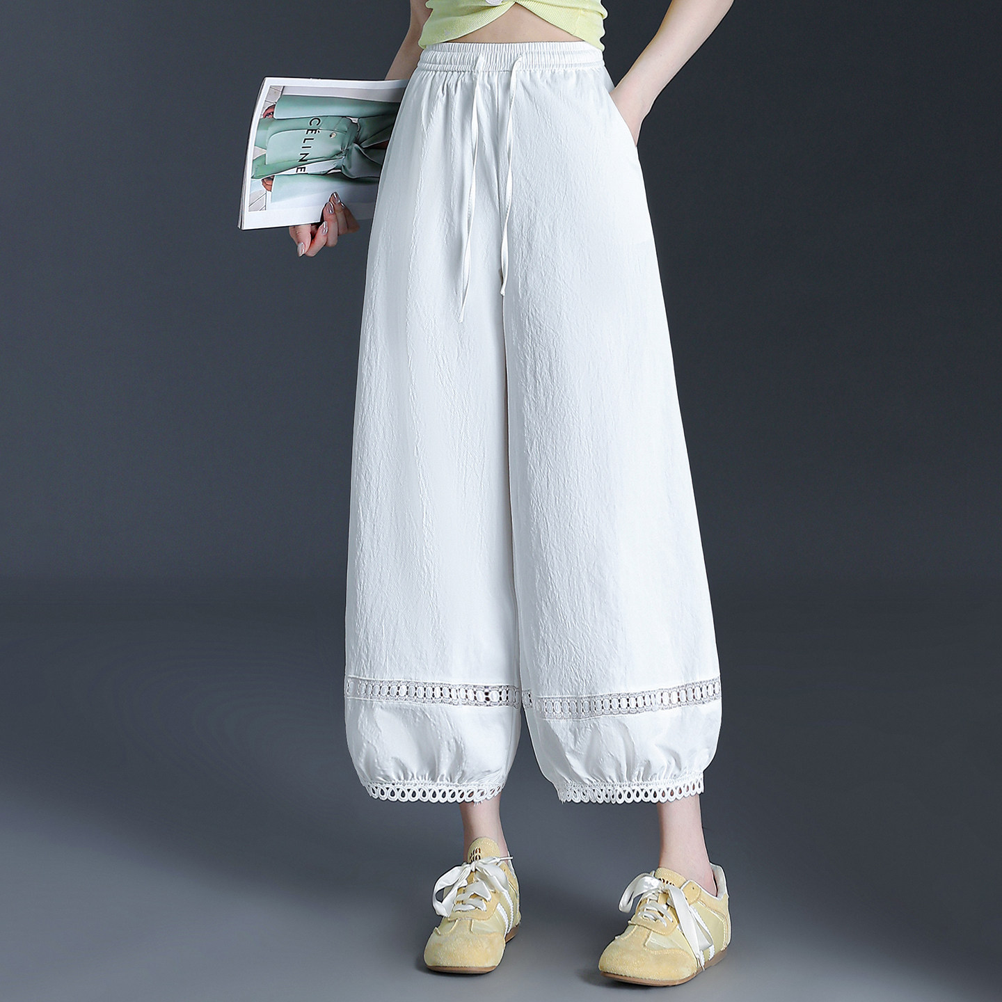白色花苞灯笼裤女2026春夏季薄款高腰宽松显瘦九分阔腿裤小个子