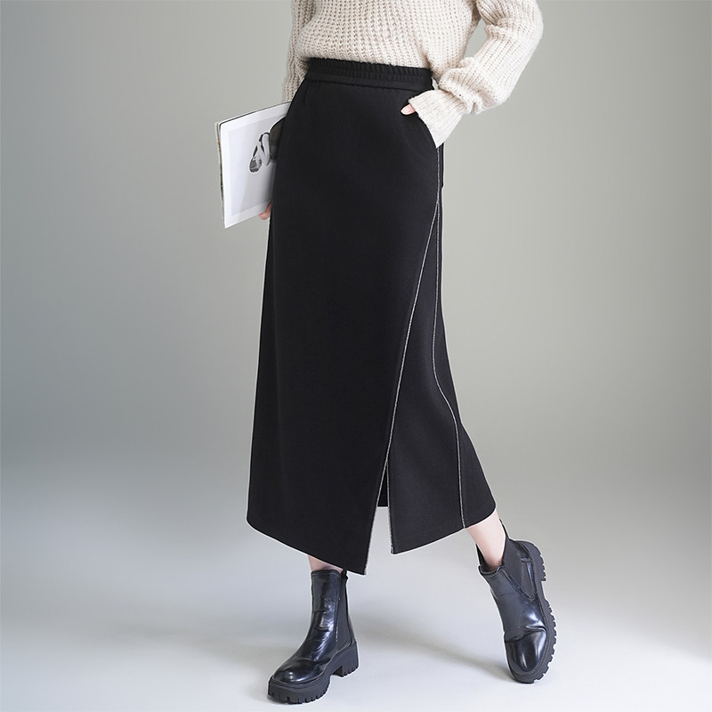 不规则开叉a字包臀裙女秋冬2025新款高腰显瘦毛呢半身裙子中长裙