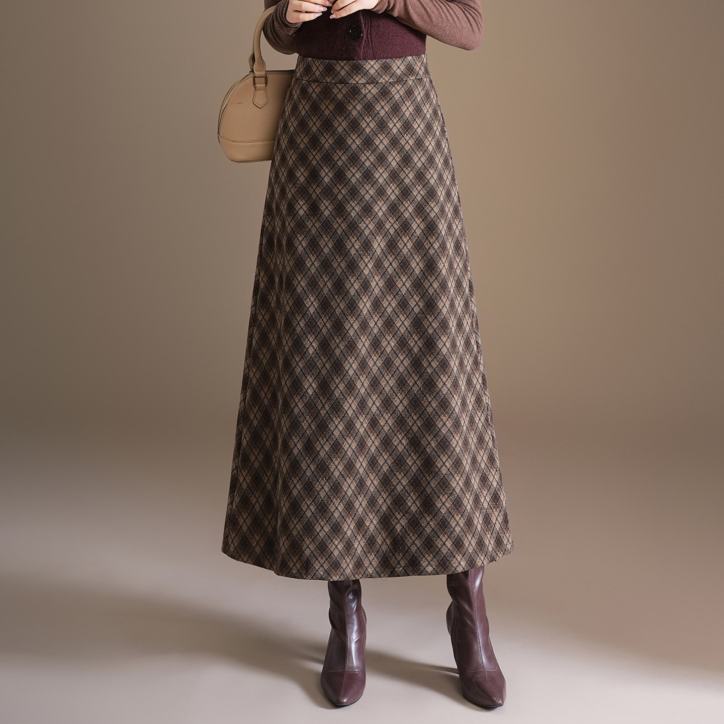2025新款秋冬韩系格纹毛呢长裙a字裙女高腰显瘦半身裙通勤休闲裙