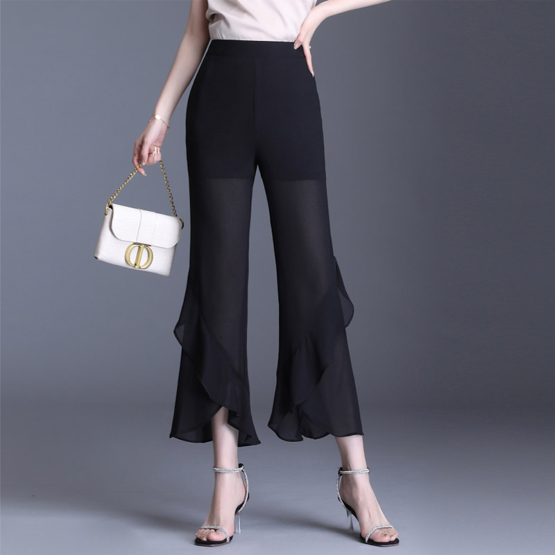 雪纺黑色高腰九分阔腿裤女2026春夏季薄款垂感小个子微喇裤休闲裤