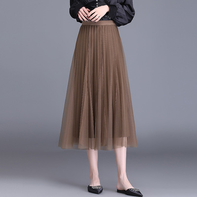 春季新款高腰大摆遮胯网纱半身裙