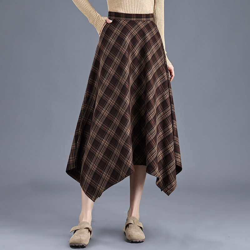 时尚不规则格子a字裙女2025秋季新款垂感显瘦半身裙中长款休闲裙