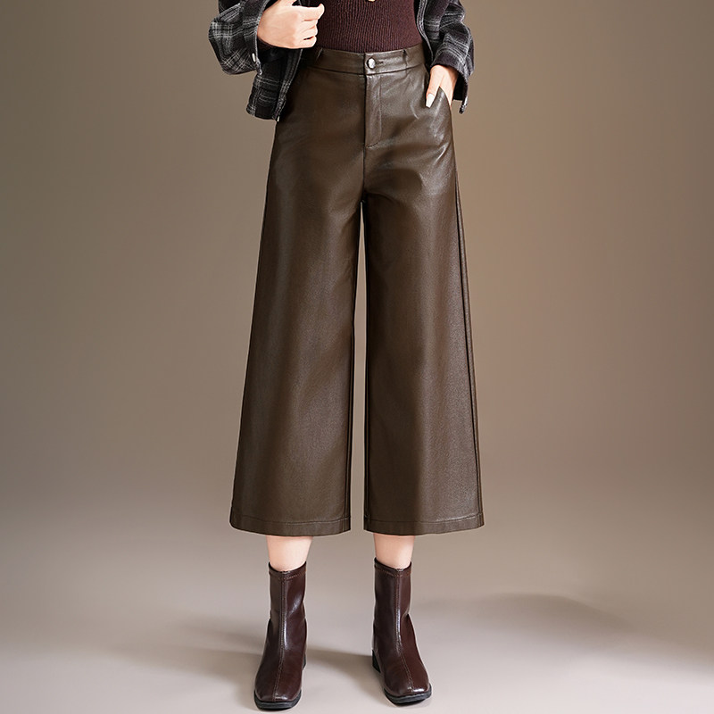 时尚PU皮裤八分阔腿裤直筒休闲裤