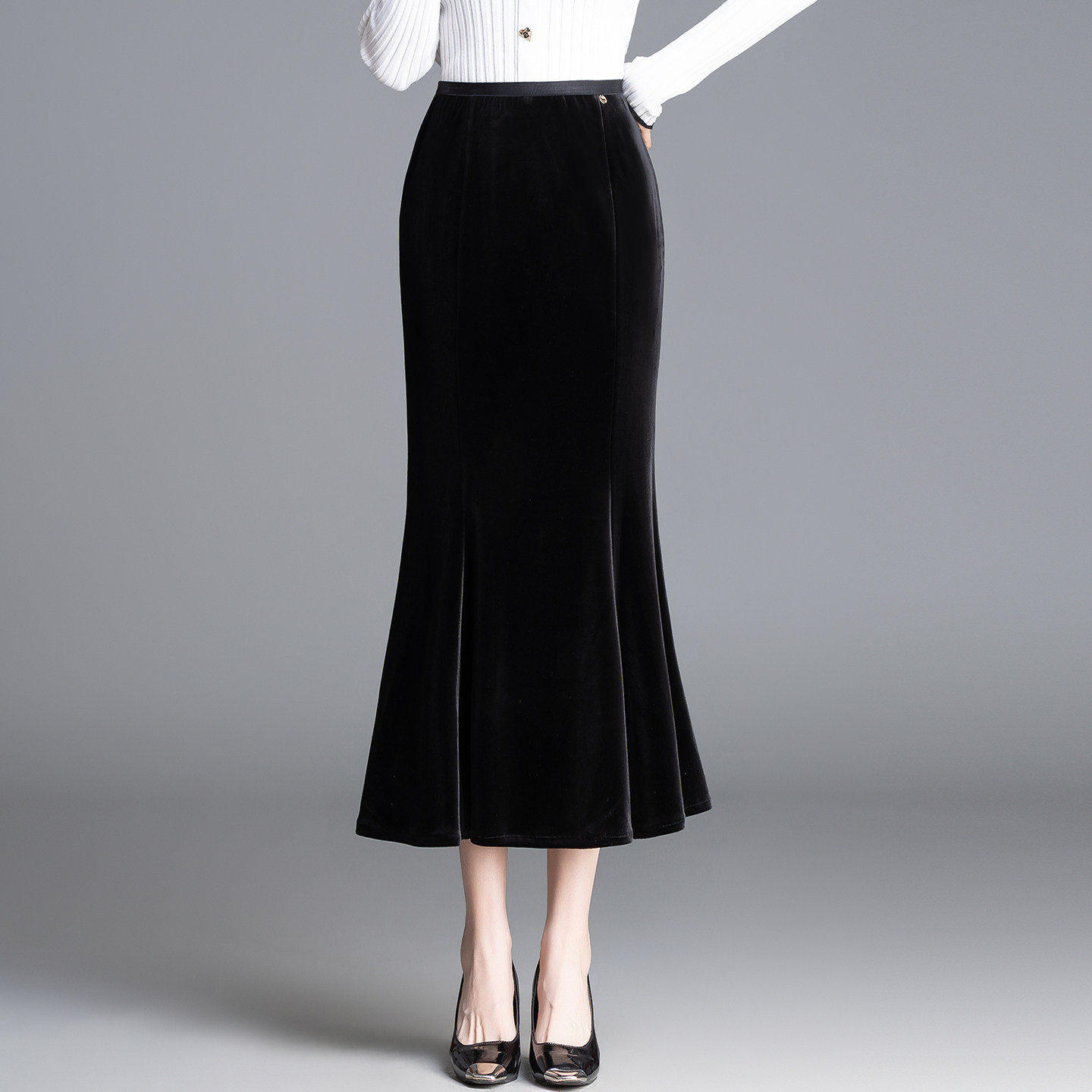 气质修身丝绒包臀鱼尾裙女春季2026新款高腰通勤半身裙垂感中长裙