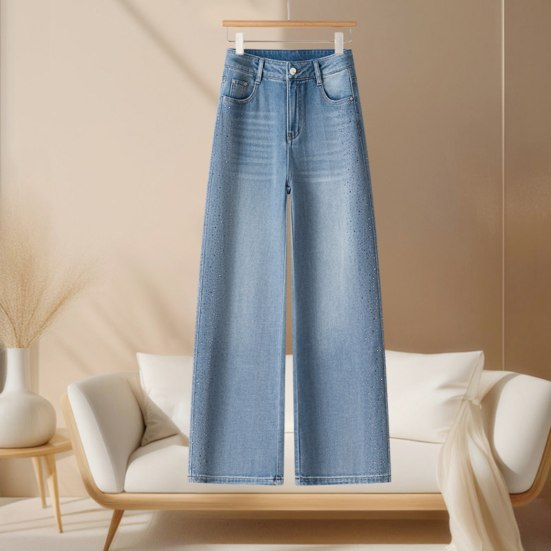 气质高腰阔腿烫钻牛仔裤女2026春夏新款宽松显瘦百搭直筒裤休闲裤