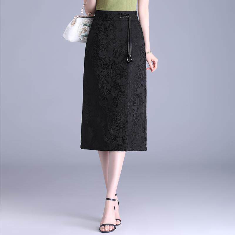 高级感提花包臀半身裙女春季新款国风直筒裙显瘦中长款开叉一步裙
