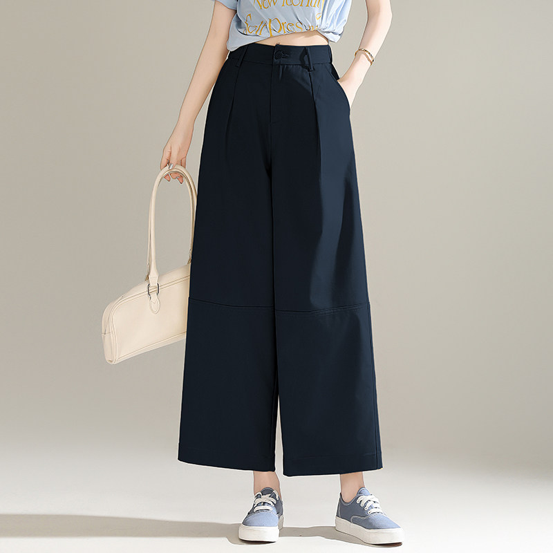 高腰阔腿裤女宽松显瘦2026春季新款九分裤藏青色休闲裤通勤简约风