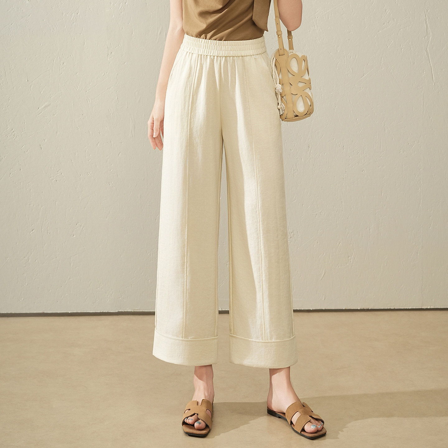 简约高腰阔腿裤女2026春夏季薄款宽松显瘦九分裤休闲裤气质百搭