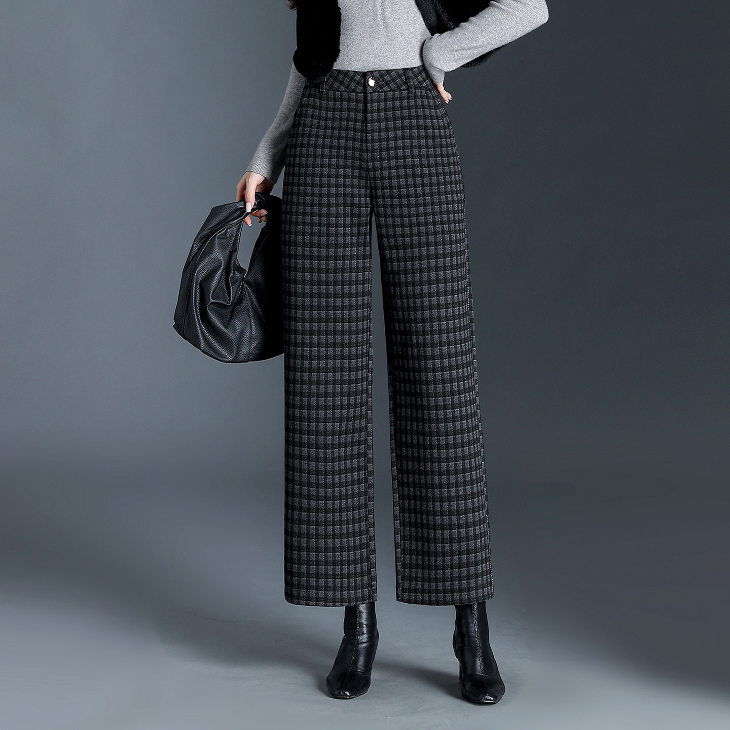 时尚九分直筒格子裤女2025秋冬新款小个子百搭显瘦毛呢休闲阔腿裤