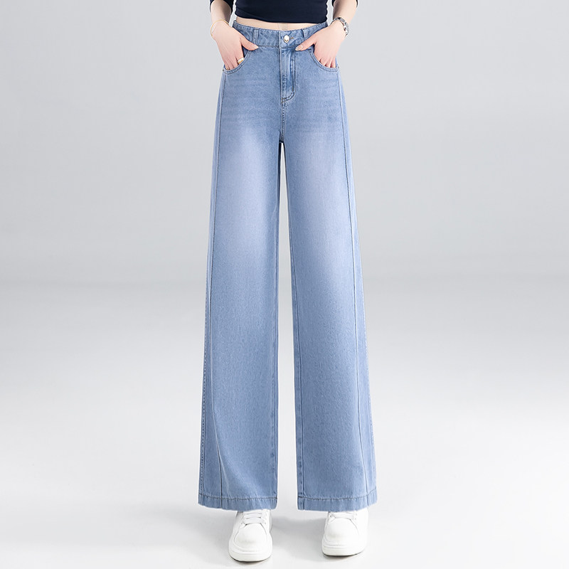 极简风阔腿牛仔裤女2026春夏季新款百搭高腰宽松显瘦直筒长裤蓝色