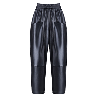 黑色松紧腰PU皮裤八九分哈伦裤
