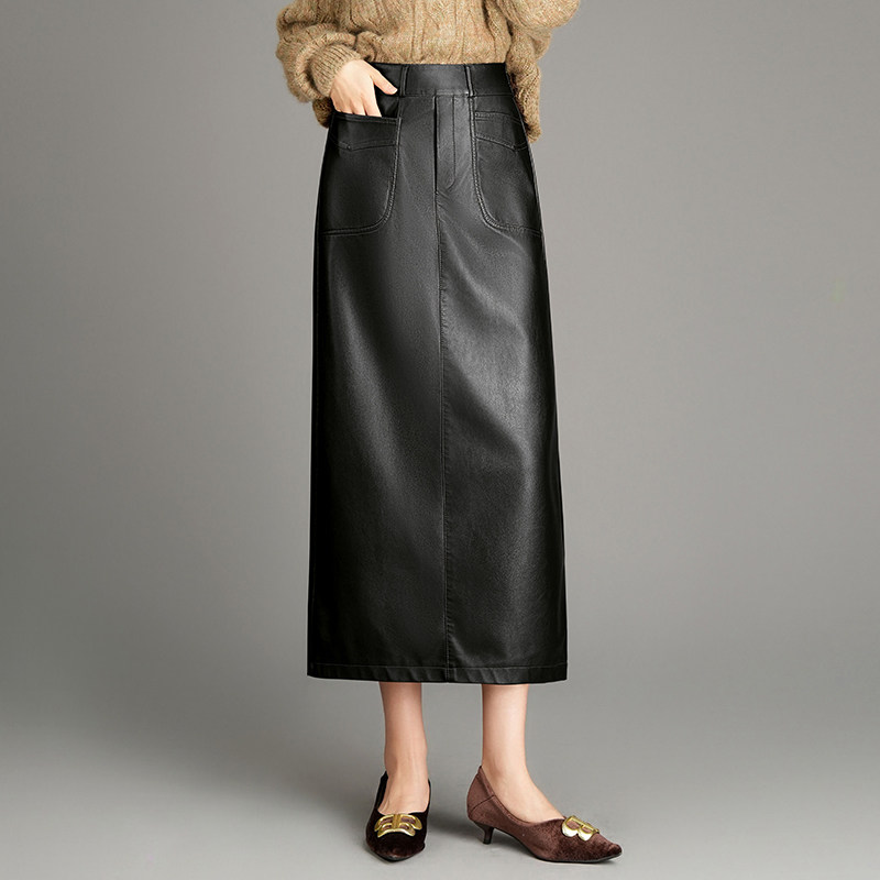 秋冬季新款时尚半身裙女高腰显瘦中长款pu皮裙开叉一步裙包臀裙子