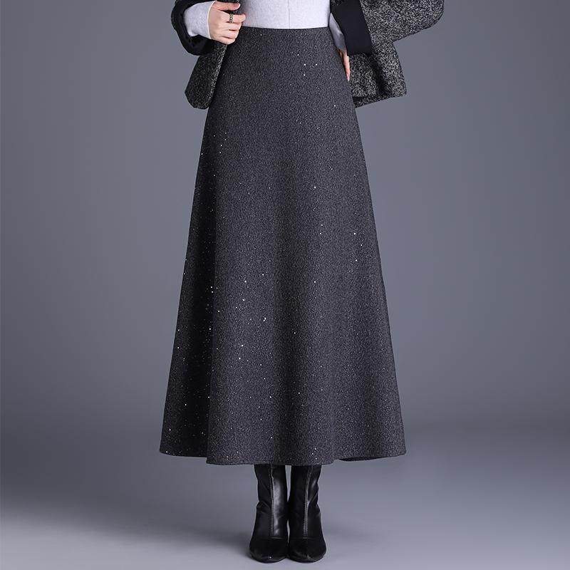 小香风亮片毛呢半身裙长裙女秋冬新款高腰a字裙伞裙厚款冬裙