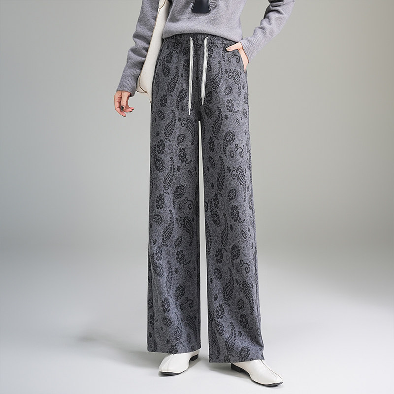 复古腰果花阔腿裤女2025秋季新款高级感显瘦高腰直筒垂坠感休闲裤