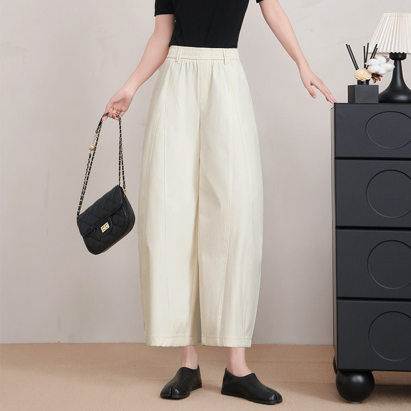 百搭高腰松紧腰阔腿裤2026春夏新款女显瘦小个子九分休闲裤米白色