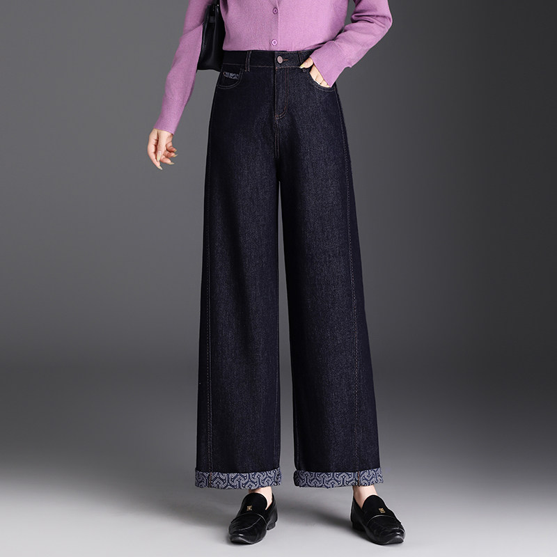 丹宁蓝牛仔阔腿裤女春季2026新款高腰宽松印花底休闲长裤直筒裤子