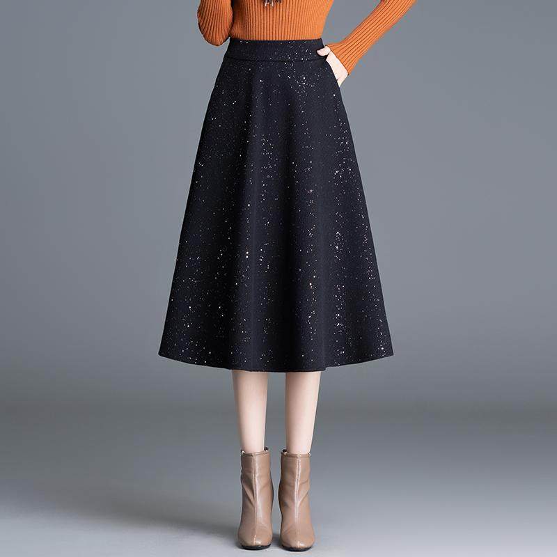 亮片呢子半身裙女秋冬季新款高腰中长款显瘦遮肉A字大摆伞裙