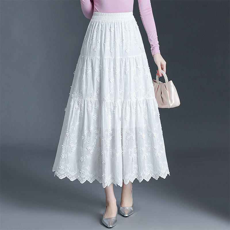白色绣花a字裙女春季2026新款松紧高腰显瘦遮胯半身裙气质长裙子