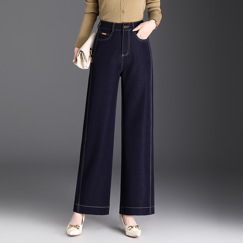 丹宁蓝阔腿牛仔裤女春季2026新款高腰显瘦垂感通勤直筒裤百搭长裤