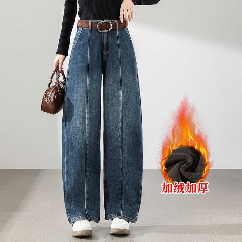 复古蓝加绒牛仔弯刀裤休闲长裤