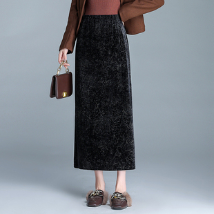 垂感印花直筒裙女秋季新款高腰显瘦半身裙中长款开叉一步裙包臀裙