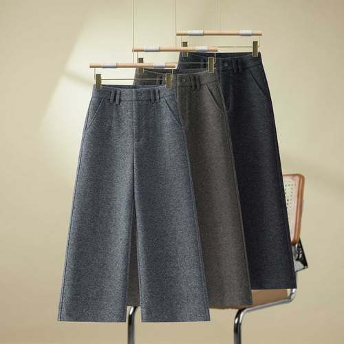 时尚羊毛呢阔腿八分裤休闲裤洋气