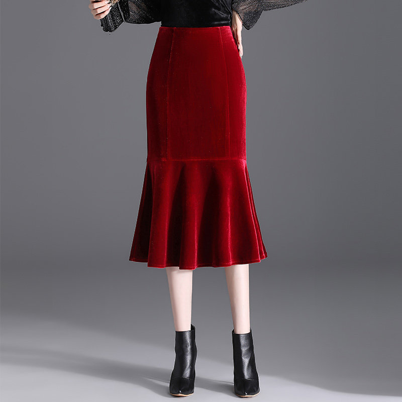 红色丝绒包臀鱼尾裙通勤一步裙