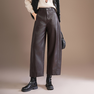 八九分休闲皮裤 显瘦直筒哈伦裤 女秋冬新款 气质宽松PU皮弯刀裤